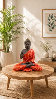 Meditating Buddha Statue in Saffron Robe | Premium Resin Spiritual Home Décor